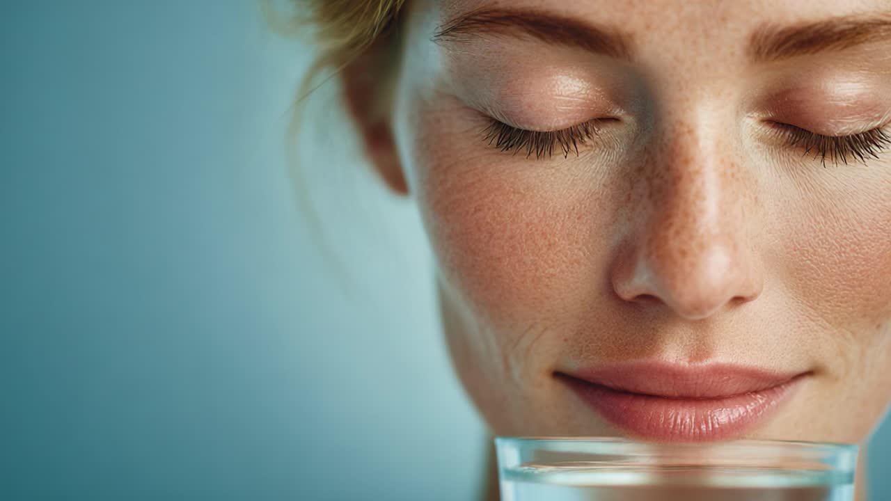 Un momento di serenità: primo piano di una donna che si gode un bicchiere d'acqua rinfrescante, catturando l'essenza dell'idratazione e del benessere in un ambiente tranquillo