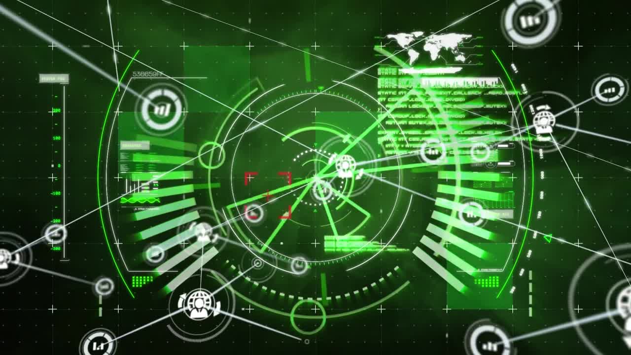 검은 바탕에서 범위 스캐닝과 데이터 처리에 대한 연결 네트워크의 애니메이션