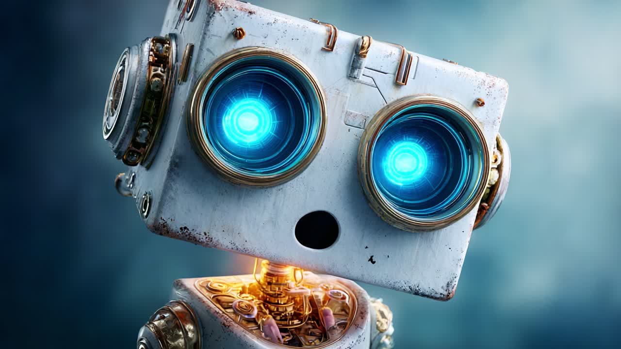 An adorable robotic character with luminous blue eyes and intricate mechanical designs captures the essence of creativity and technology, showcasing a charming yet futuristic appearance