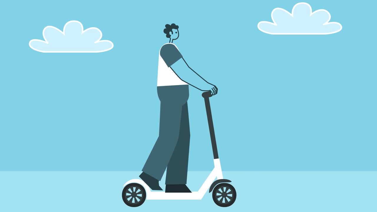 Uomo in monopattino elettrico. Concetti di svago, stile di vita e tempo libero. Personaggio maschile a cartone animato in stile Flat Design. Animazione 2D in loop isolata.