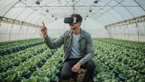 man using virtual reality headset in a greenhouse