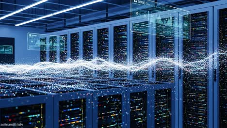 dynamic visualization of data flow in a modern server room showcasing advanced technology and information processing capabilities with glowing connections and digital interfaces