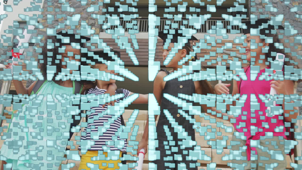 Four students linking arms on steps, showcasing education technology overlay with circuit keyhole