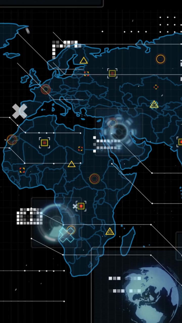 Animation of scopes scanning, data processing and markers over world map