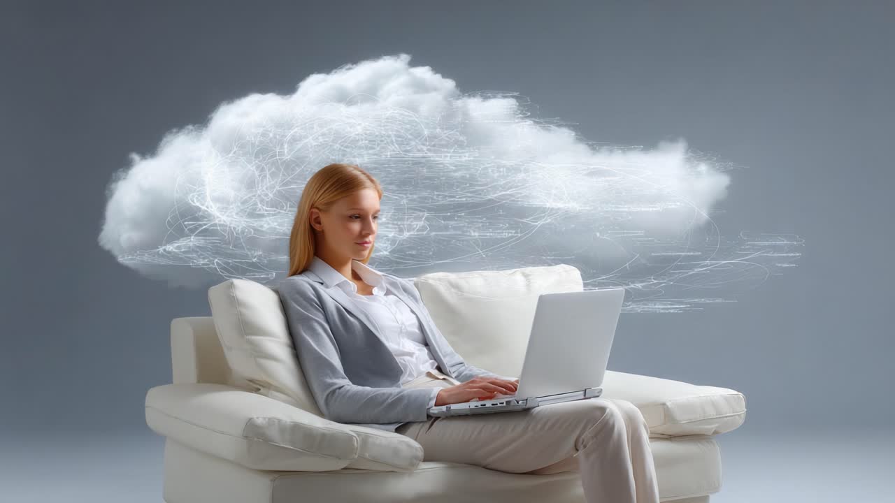A Woman Engaging with Technology: Capturing the Essence of Contemplation, Creativity, and Connection Through Digital Interaction on a Cloudy Background