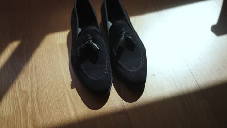 elegant black loafers lit by soft morning light on hardwood surface