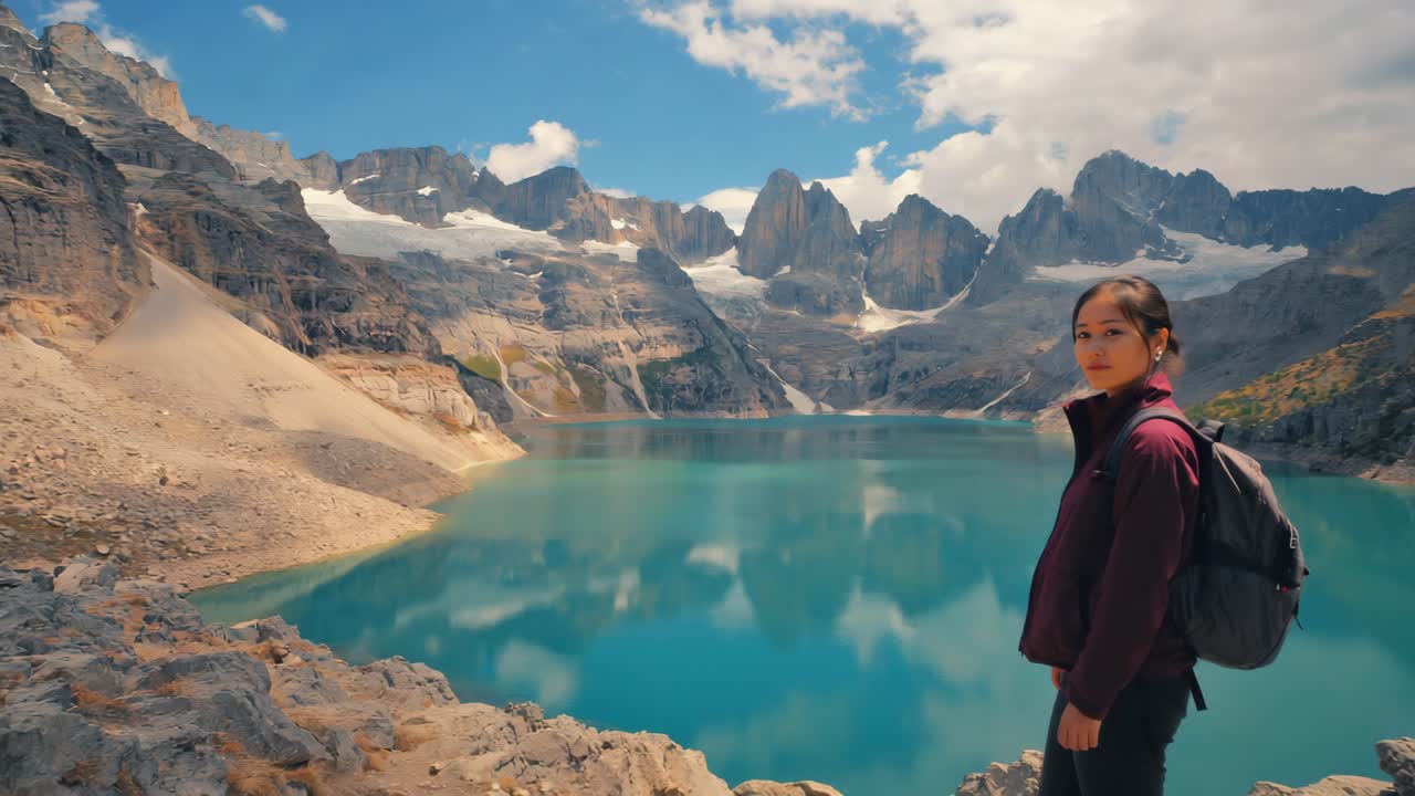 Young female hiker with a backpack admiring the breathtaking panorama of turquoise alpine lake and the snow capped Andes Mountains under a clear blue sky