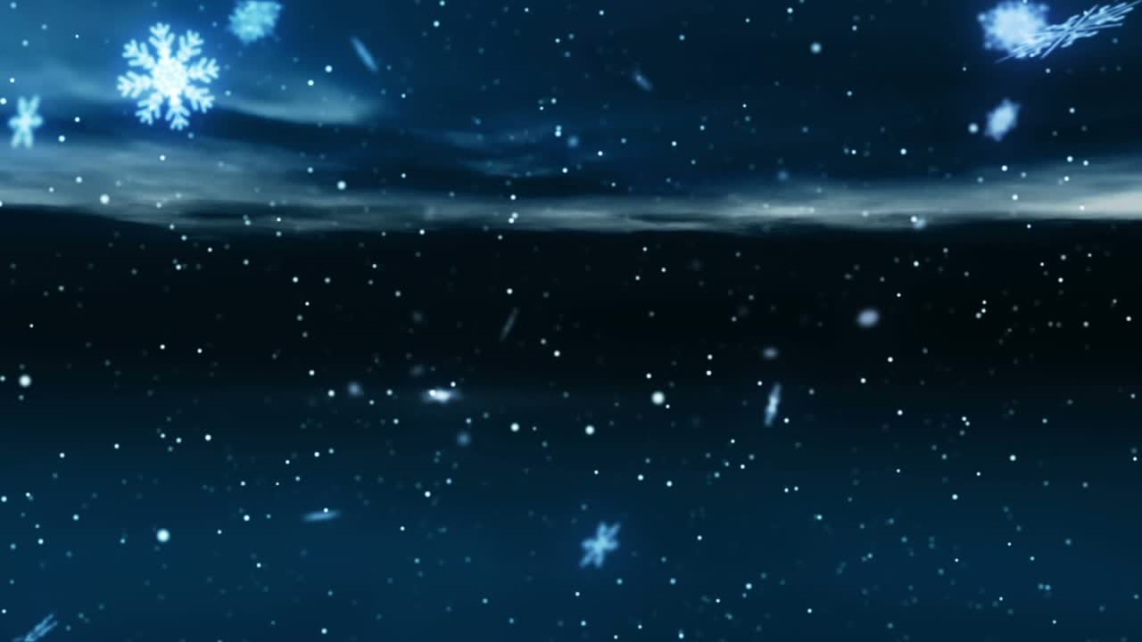 Upon cursive greeting fading, drifting snowflakes guiding panels sliding to center holiday greeting