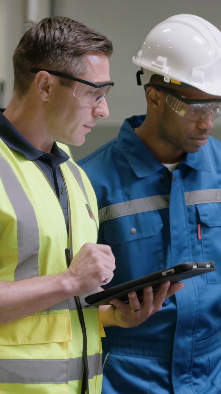 Vertical video: Tapping lead in yellow vest showing tablet to train technician on factory floor