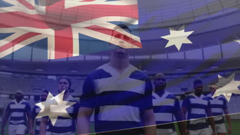 standing on field, rugby players with australian flag overlay in animation