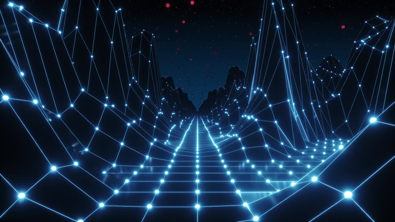 "공간에서 레트로 미래의 비행은 ""생성된 언덕과 바닥에 다각형 mesh를 가지고있다"" 개념 80s, 90s, 환상적인 추상적인 네온 배경, 원활한 루프, 3d 렌더링."