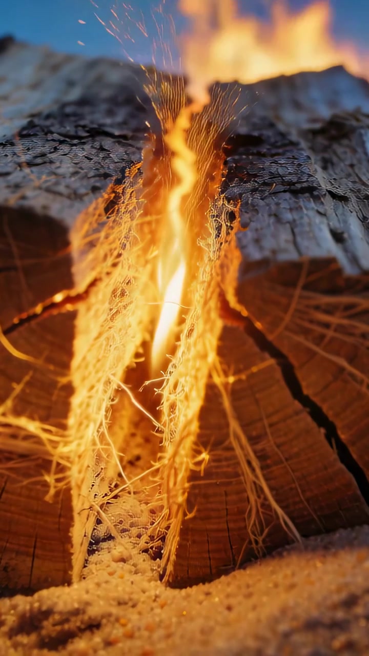 Video verticale: Una brace accende un tronco spaccato, facendo scaturire una fiamma interna in un accampamento con esca, producendo scintille.