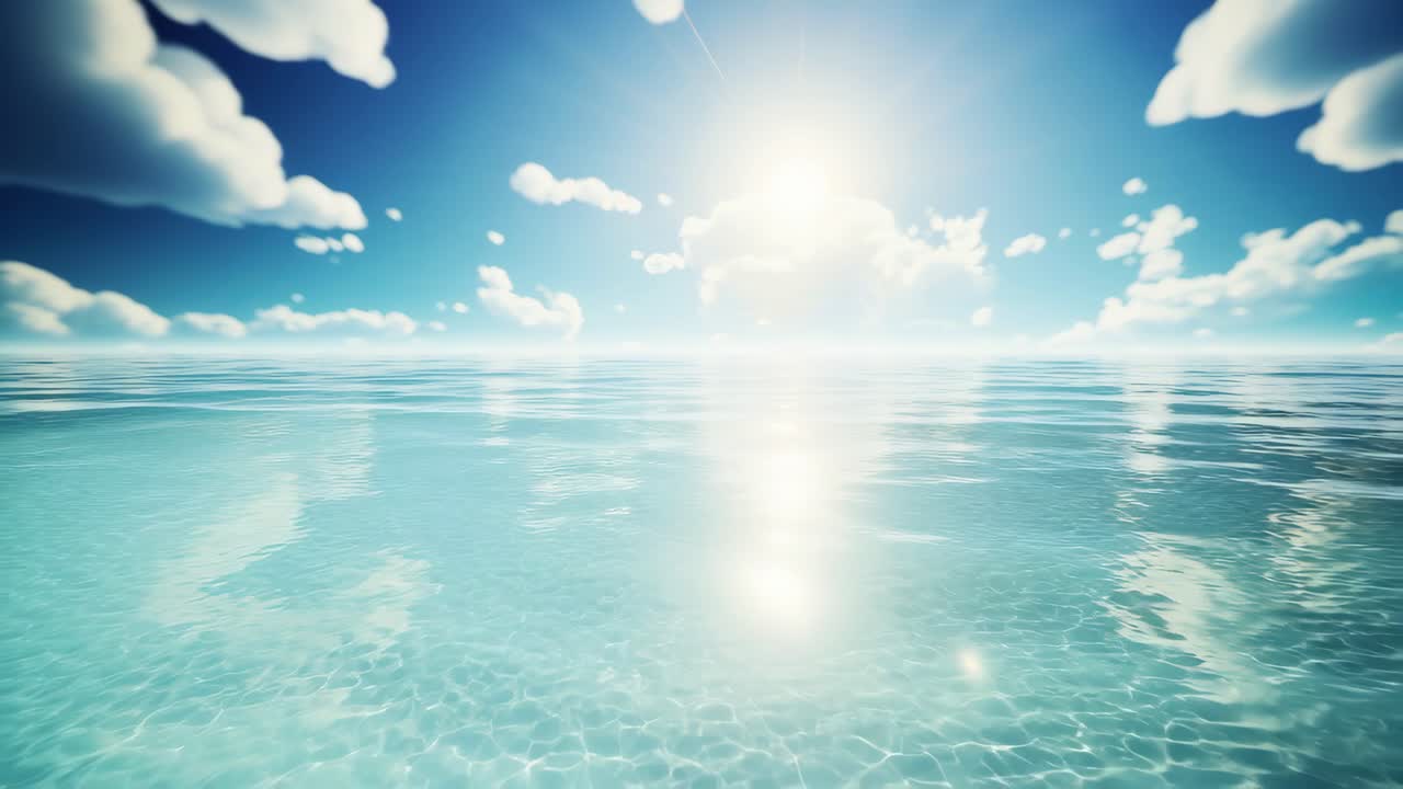 明るい空の下できらめく水を捉えた、ローアングルからの穏やかな海の景色