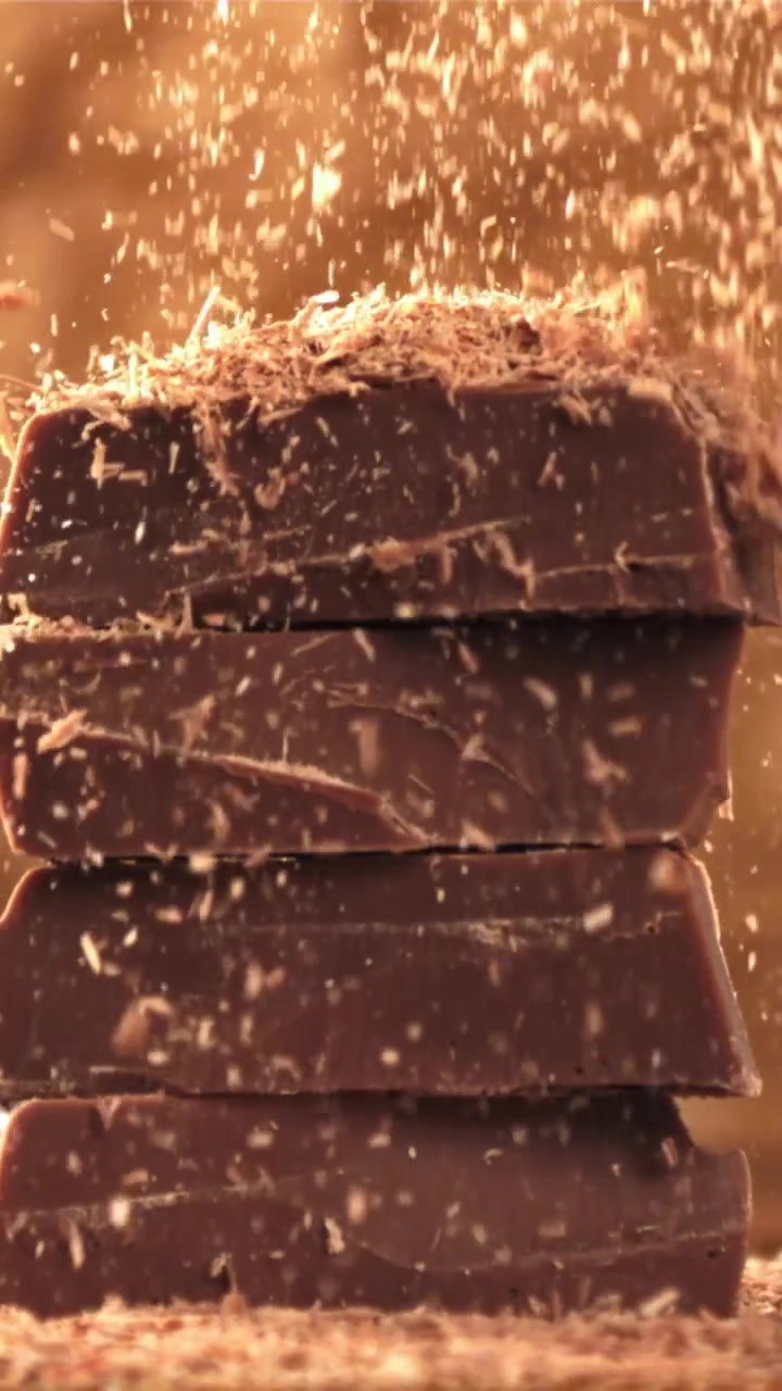 Scaglie di cioccolato che cadono su tavolette di cioccolato impilate al rallentatore