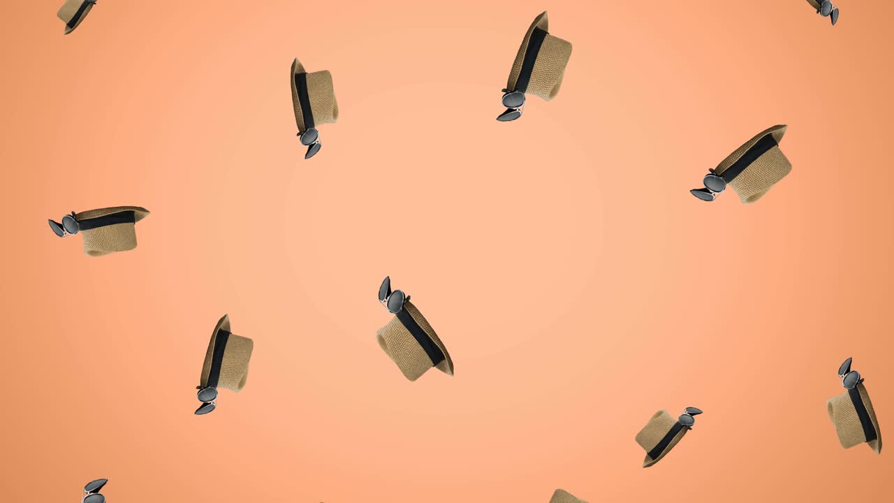 animación de sombreros con cinta cayendo sobre un fondo rojo