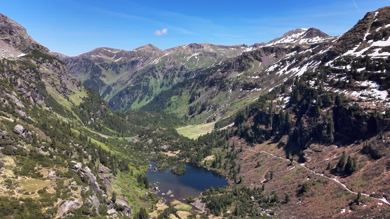 Aerial view over Murgsee, Switzerland, highlighting a serene alpine valley with a clear lake, green slopes, rocky ridges, scattered trees, and snow capped peaks under a bright blue summer sky