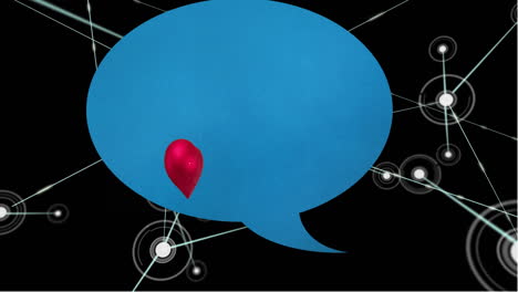 red heart spinning over blue speech bubble against network of connections on black background