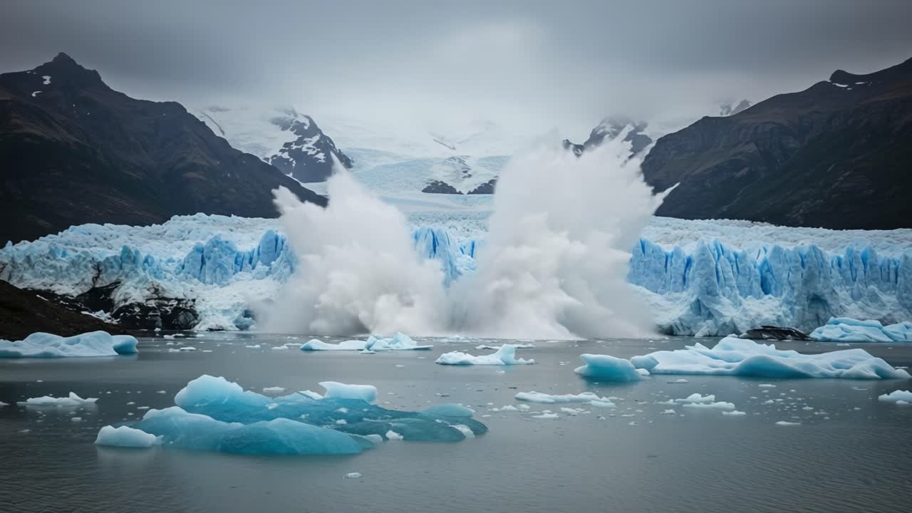 Majestic Glacial Landscape: A Slow-Motion View of Ice Calving Into Calm Waters Under Overcast Skies, Showcasing Nature's Power and Beauty in a Remote Wilderness