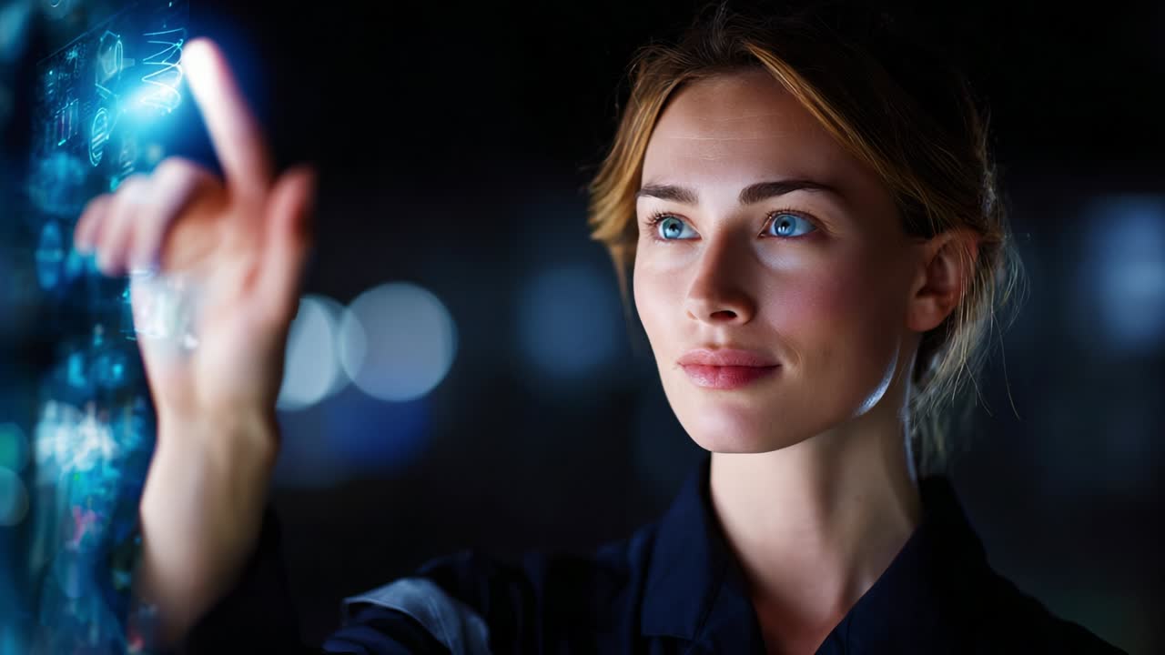 An Engaged Young Woman Interacting with Futuristic Technology, Analyzing Data Graphs and Visualizations in a Dimly Lit Environment, Illustrating Innovation and Human-Computer Interaction Concepts
