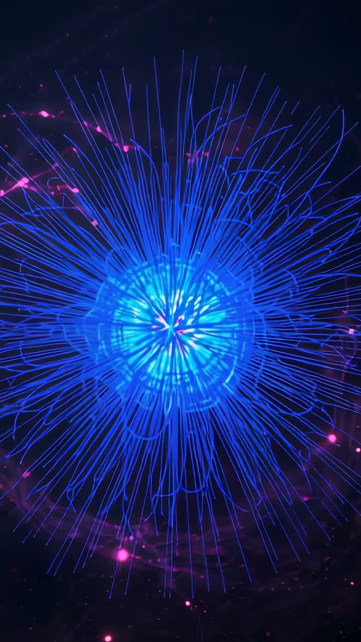Video verticale: Nucleo di energia blu pulsante che espelle filamenti nello spazio profondo per formare anelli radianti.