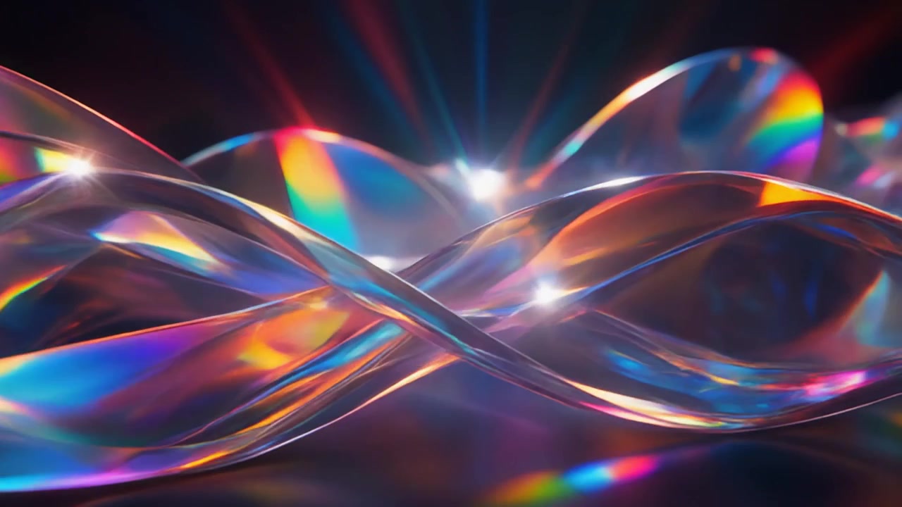 Abstract Iridescent Glass Waves Moving in Dark Space