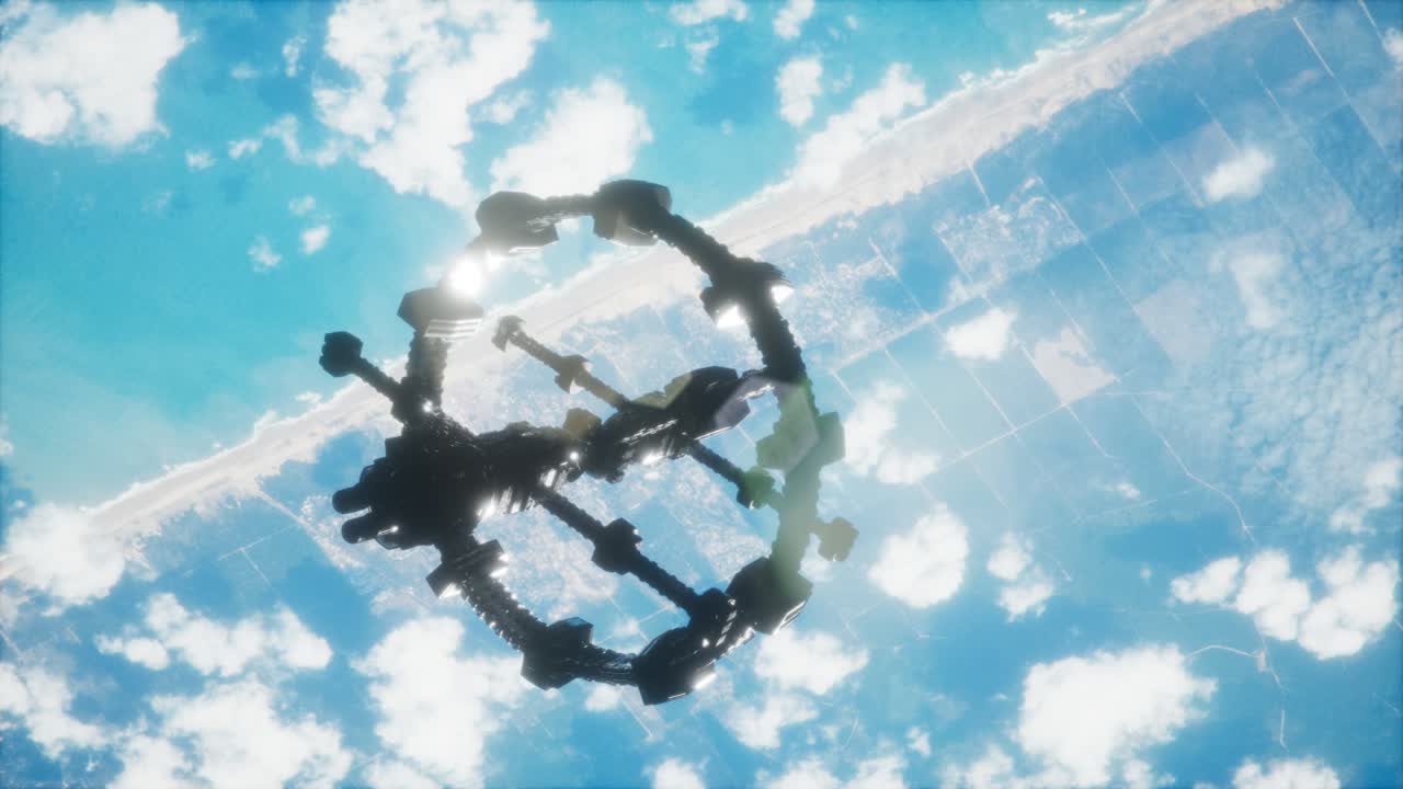 지구와 우주선의 모습. iss는 지구를 공전하고 있습니다.