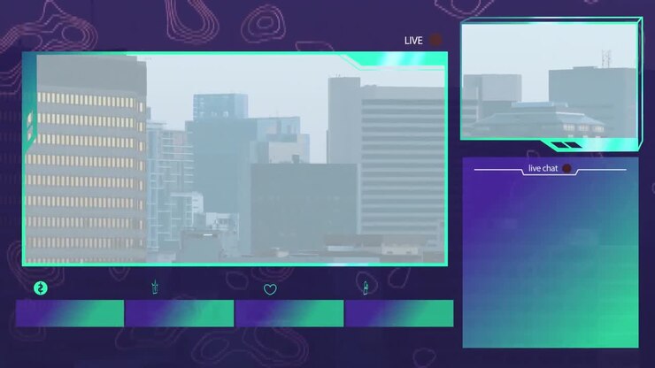 Animation of aerial view of buildings with icons over bars in television video recorder interface
