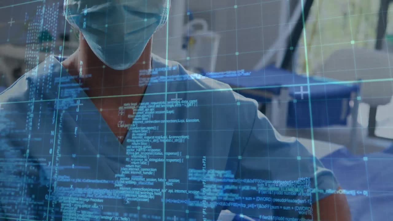 Animation of data processing over caucasian female surgeon