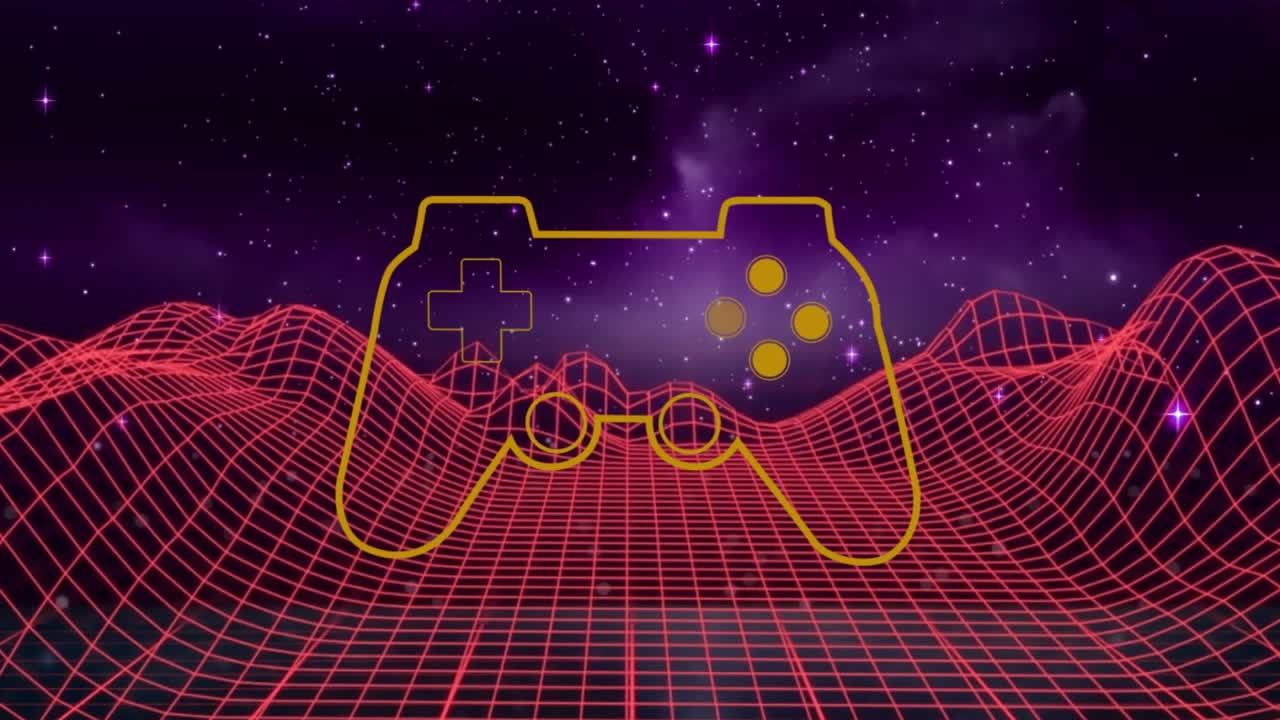 Animasjon av et spillkontroller-ikon over former og digitale fjell på svart bakgrunn
