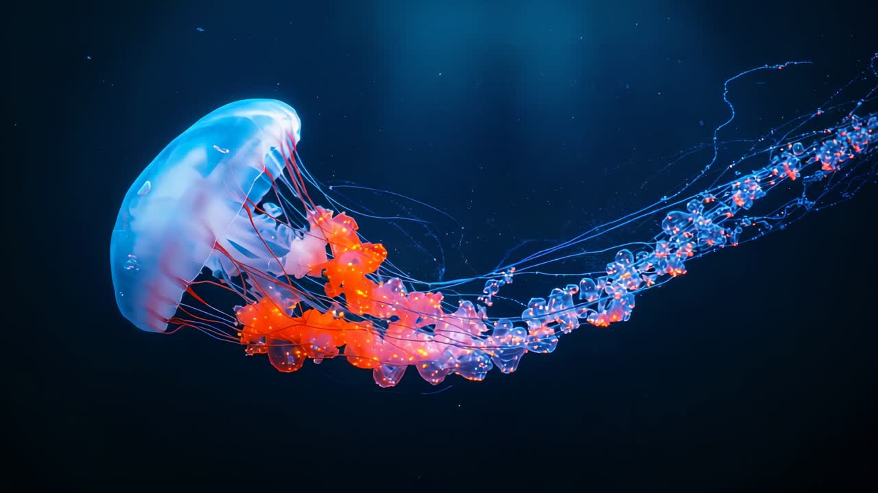 Pulsing jellyfish showing orange oral-arms and tentacles trailing beads in deep water, copy space