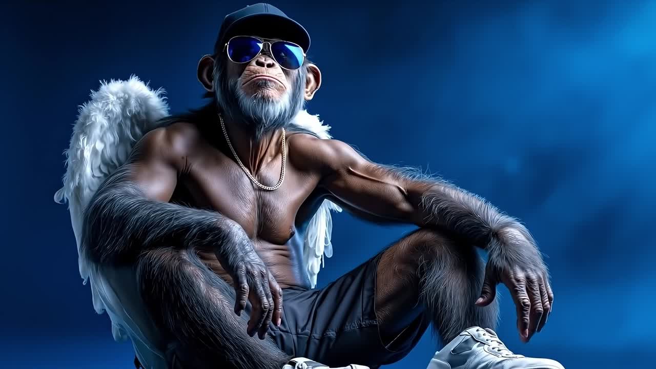 A monkey wearing sunglasses and a hat sitting on a chair