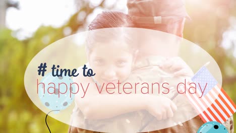 Animation-of-veterans-day-text-over-american-soldier-with-daughter