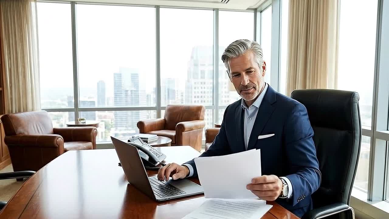 Empresário sentado à mesa do escritório revisando documentos perto de um laptop, com o horizonte da cidade visível através de grandes janelas.