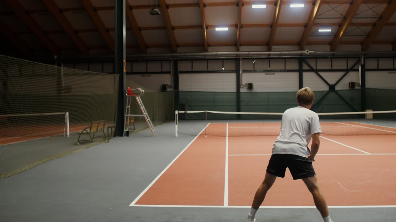 hombre jugando al tenis en una cancha cubierta