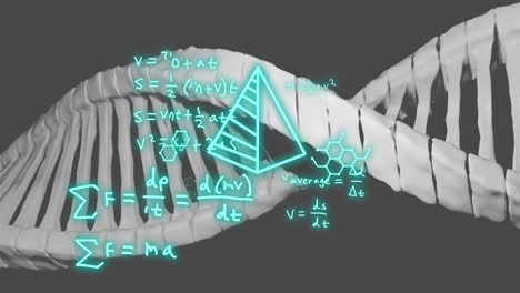 animación de cadena de adn, fórmulas matemáticas y procesamiento de datos científicos sobre un fondo gris.