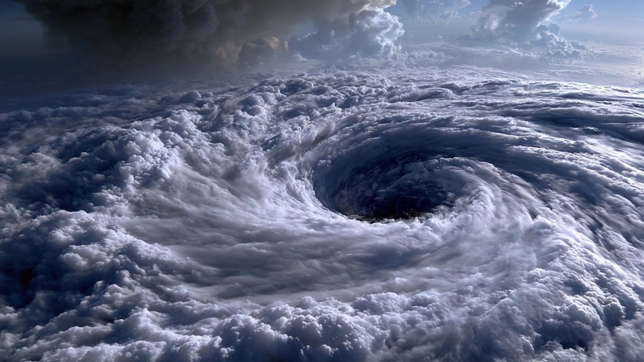 En fantastisk luftfoto af en kraftig cyklon, der dannes i atmosfæren, viser dynamiske skymønstre og hvirvelen af en stormfuld himmel