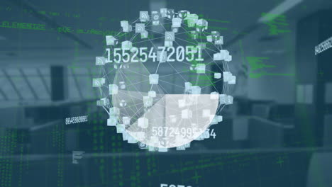 Animation of numbers changing and globe with network of connections over empty office