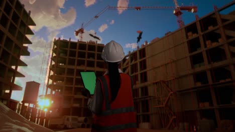 vista trasera de una ingeniera asiática con casco de seguridad trabajando en una tableta de pantalla verde mientras está de pie en el sitio de construcción, durante la puesta o salida del sol