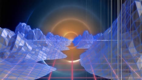 animación de formas abstractas coloridas contra las estructuras del metaverso a través de la red de cuadrícula.