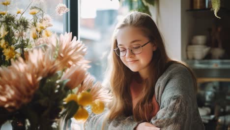 female florist wearing glasses smiling while holding vibrant flower arrangement inside her professional floral studio, showcasing creative craftsmanship
