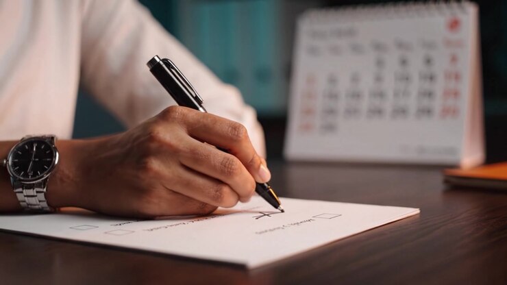 Concentrato sulla pianificazione: un primo piano di una mano che tiene una penna sopra un foglio bianco con un calendario sullo sfondo, a significare gestione del tempo e organizzazione.