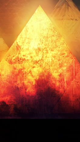 a painting of three triangles in a red and yellow color scheme. the triangles are arranged in a way that they appear to be leaning on each other. the painting has a sense of depth and movement
