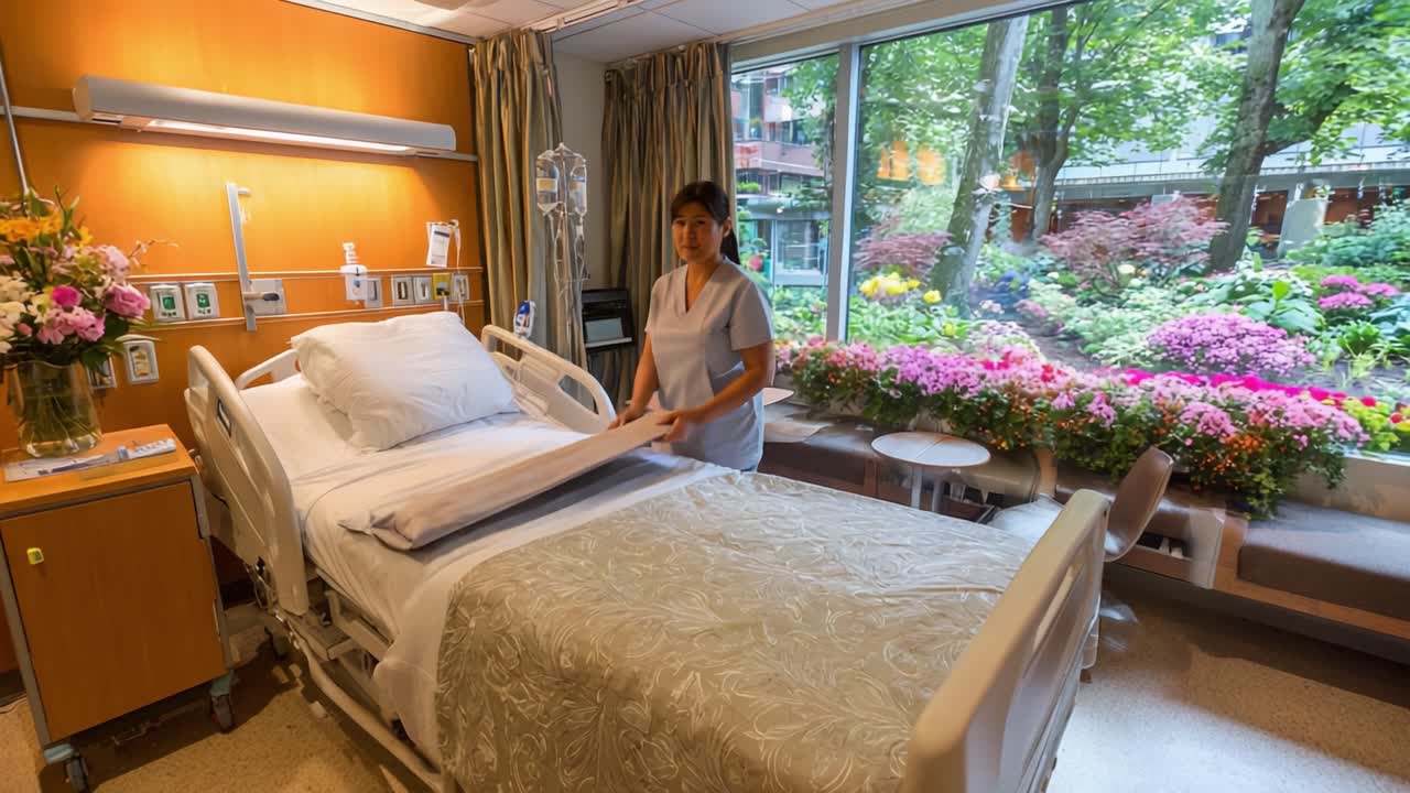 A Caring Nurse Prepares a Patient's Bedside in a Calm and Beautiful Hospital Room Filled with Lively Flowers and Natural Light