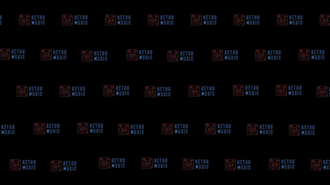 Animation of pizza icons over retro music texts