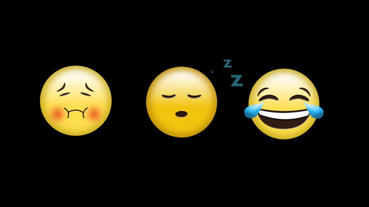 animación digital de emojis de cara enferma, durmiendo y riendo contra un fondo negro