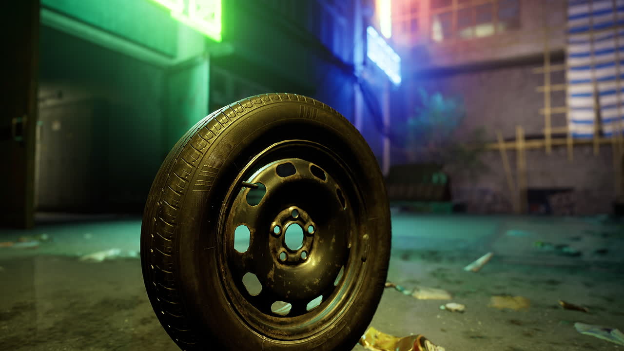 Discarded tire rests on wet pavement in urban alley at night
