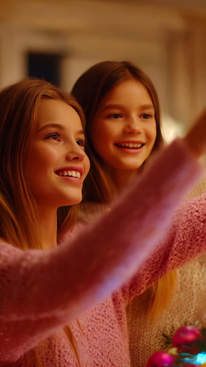 Dos chicas alegres sonriendo y disfrutando del ambiente festivo mientras decoran con adornos coloridos, mostrando el espíritu de celebración y felicidad durante una acogedora reunión navideña en interiores