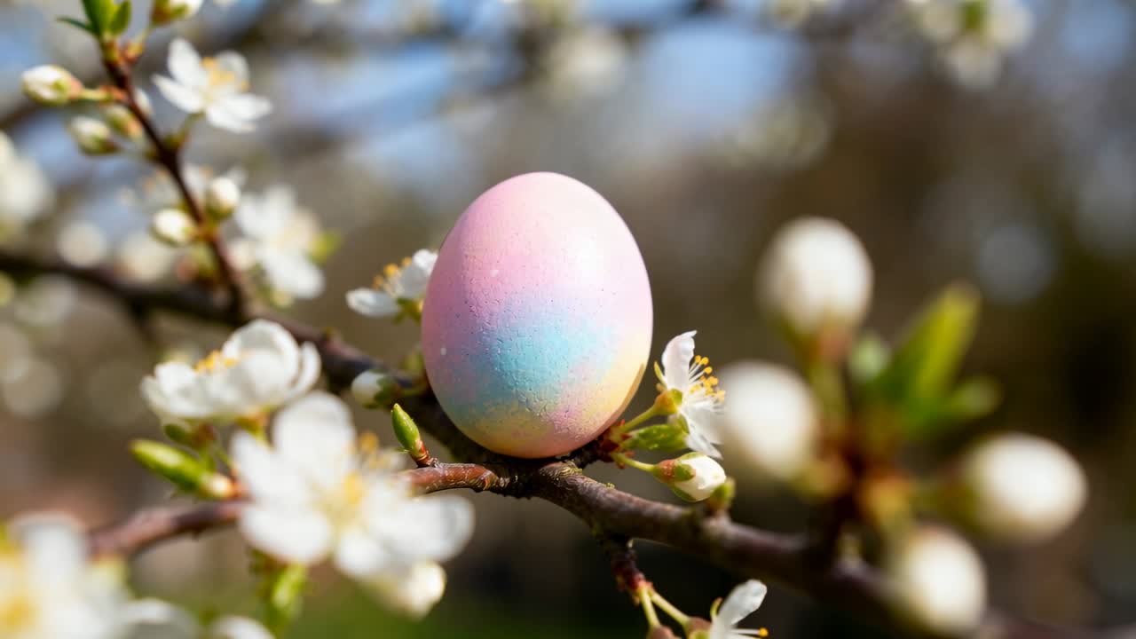 Pastel egg balancing on twig while camera shifting focus and breeze nudging blossoms for marketing
