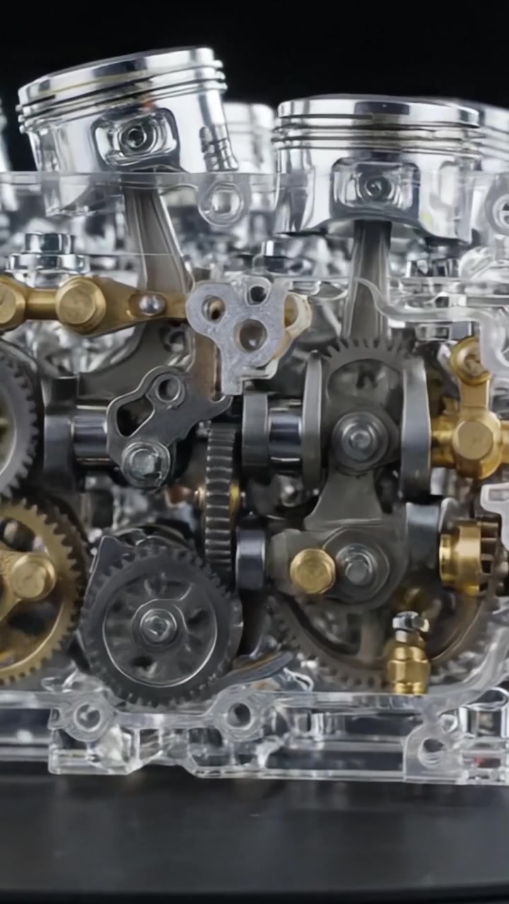 Intricate Assembly of a Transparent Engine Block Highlighting the Complexity of Internal Components and Mechanical Engineering Design