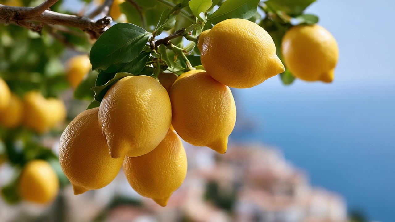 Uno Splendido Primo Piano di Limoni Succosi Appesi a un Ramo d'Albero Rigoglioso con uno Sfondo Panoramico dell'Oceano, Catturando la Freschezza e la Vitalità della Natura